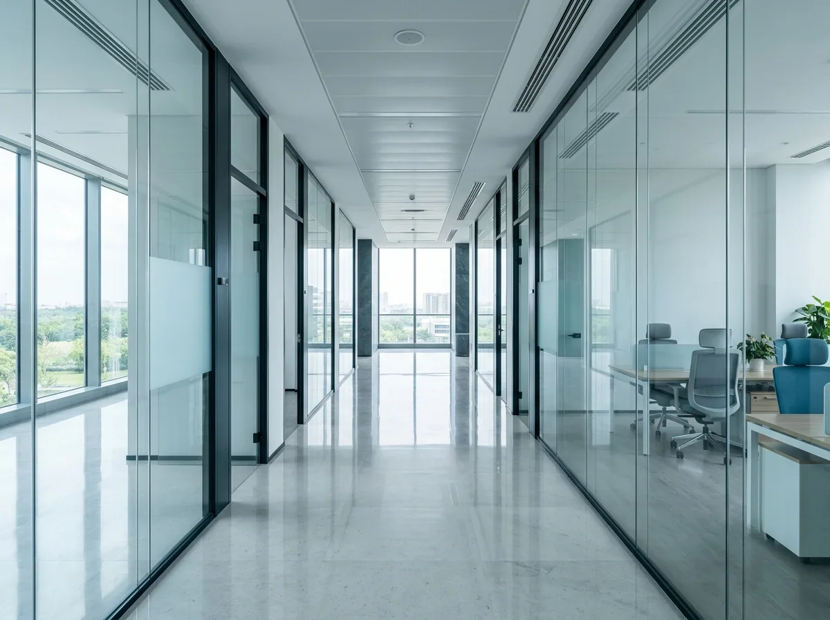 Helles Büro mit Glaswänden und gepflegten Böden